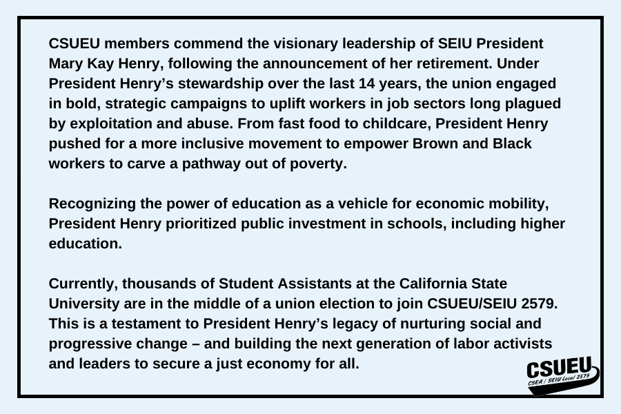 CSUEU statement on President Mary Kay Henry retirement